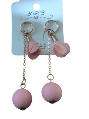 Pink Rosebud Ball Drop Earrings Gold Tone Chain Dangle Floral Statement Fashion